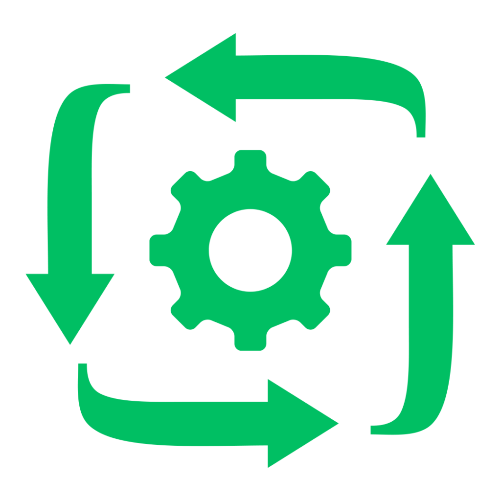 Ícone de engrenagem rodeada de flechas representando automatização de processos
