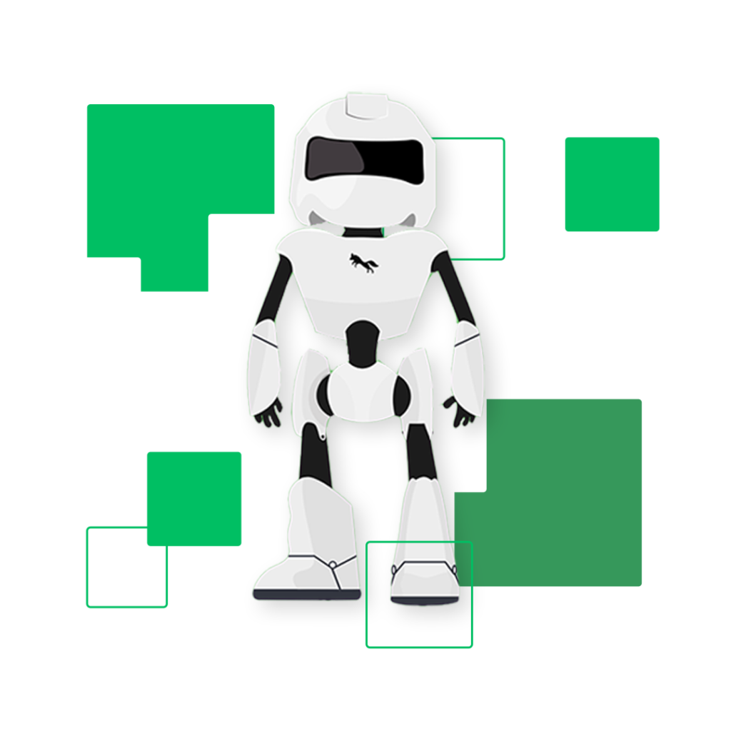 Robô da Foxie com quadrados ao fundo