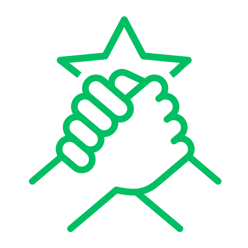Ícone de aperto de mão com estrela ao fundo representando equipe especializada
