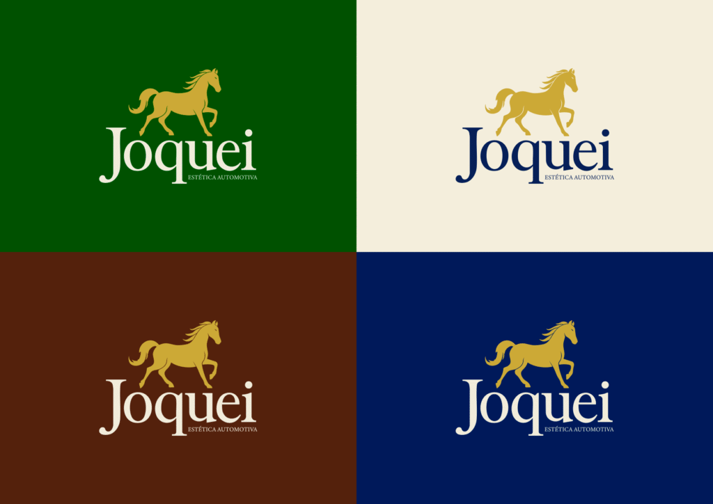 Grid de variações de logotipo mostrando a versatilidade da marca em fundos verde, creme, marrom e azul marinho, mantendo o ícone do cavalo em destaque.