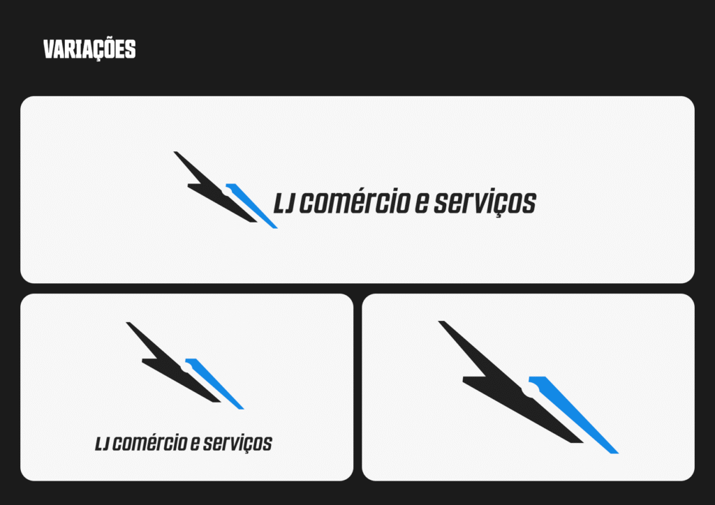 Apresentação de variações de logotipo geométrico moderno nas cores azul e preto, transmitindo solidez e movimento industrial.