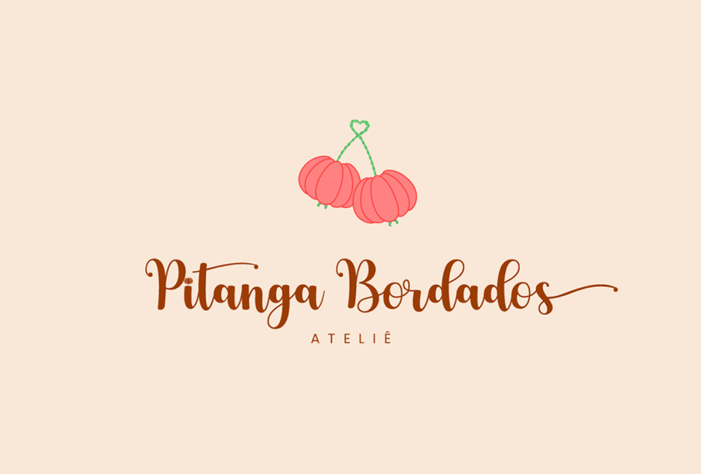 Ilustração digital delicada de duas pitangas texturizadas como bordado, acompanhada de tipografia cursiva estilo caligrafia.