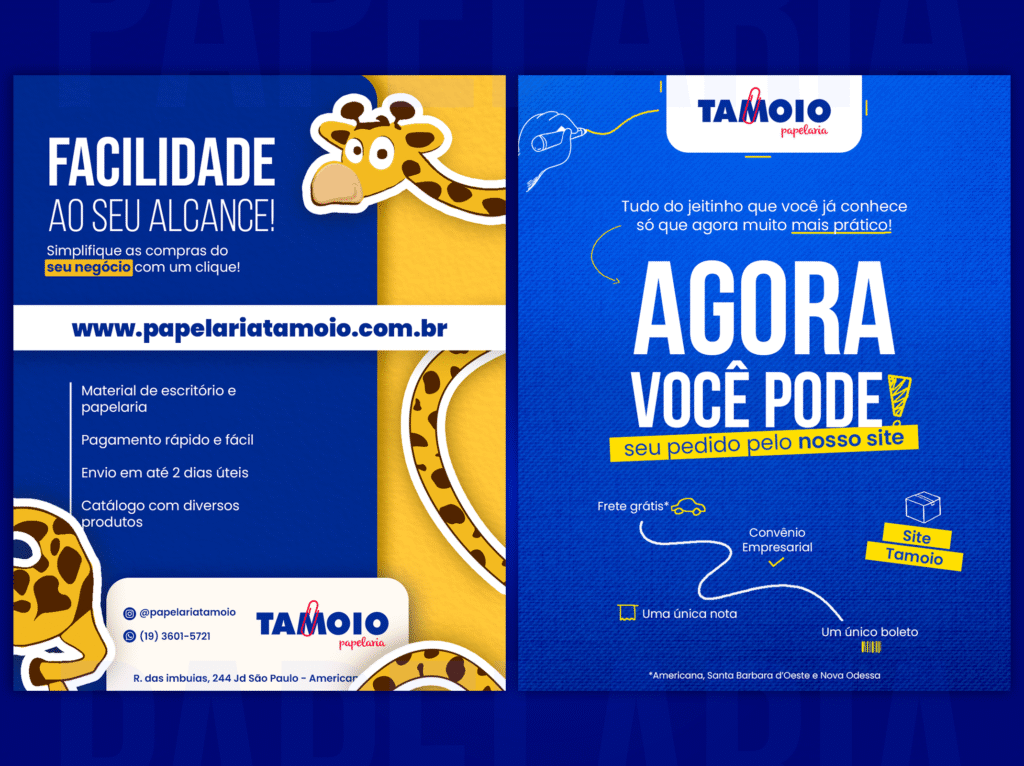 Post publicitário com fundo azul e amarelo, utilizando uma ilustração de girafa curiosa invadindo a tela para anunciar "Facilidade ao seu alcance" e frete grátis.