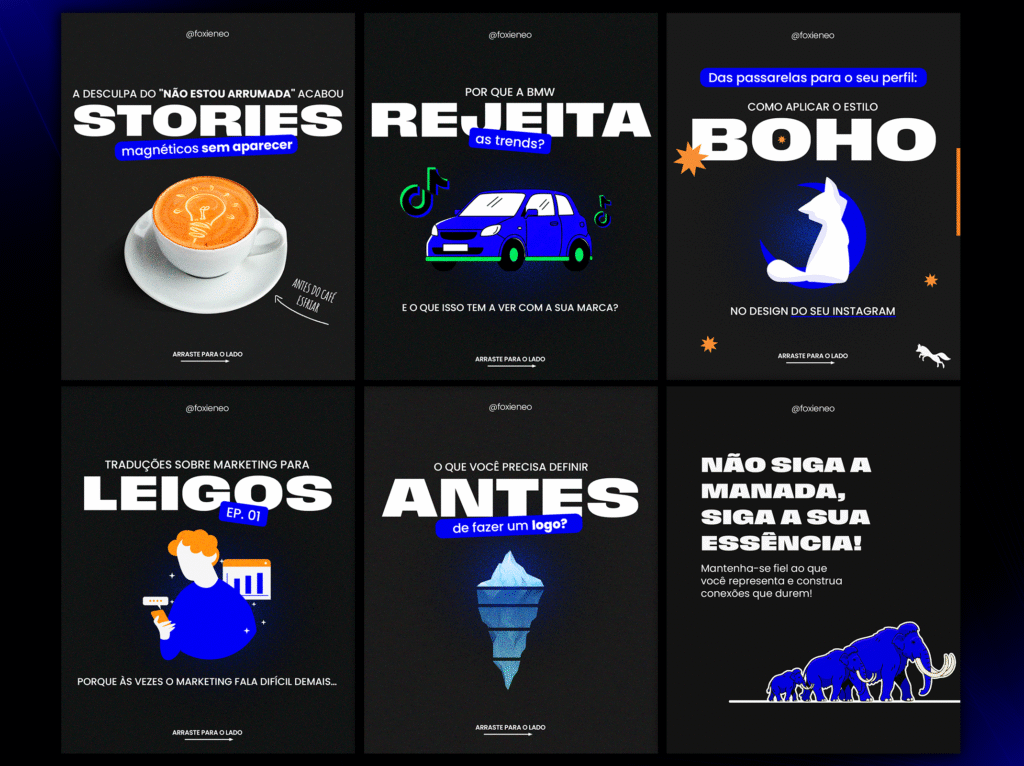 Mosaico de 6 capas de posts para Instagram com fundo preto e tipografia branca ousada, abordando temas como "Stories Magnéticos", "Estilo Boho" e marketing.