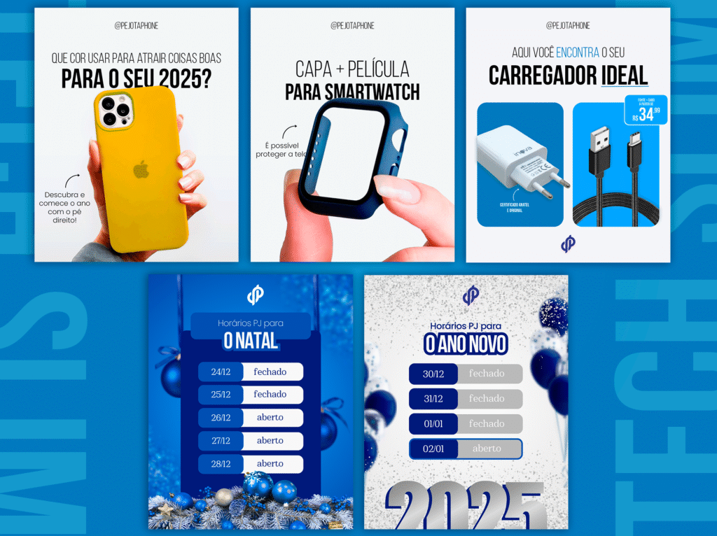Três banners de anúncios digitais para acessórios de celular (capas amarelas, películas de smartwatch e carregadores), focados em produto e preço.