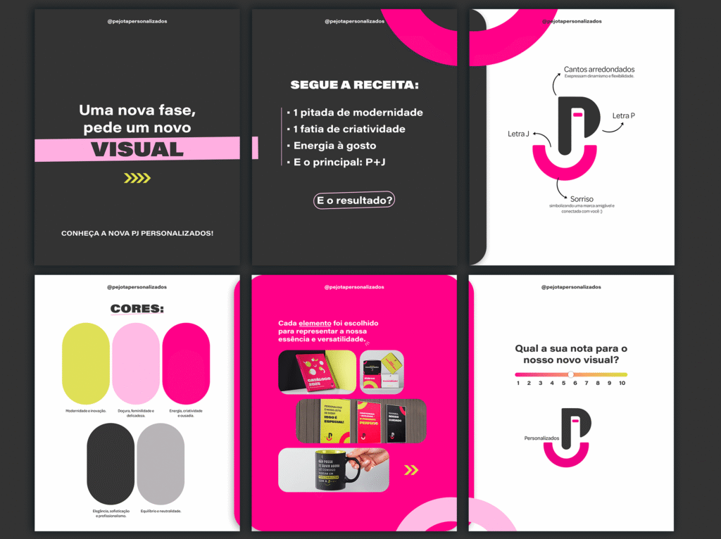 Sequência de stories apresentando o rebranding da marca "PJ Personalizados", com paleta de cores neon vibrante (rosa e amarelo) e construção do logotipo baseada em um sorriso.
