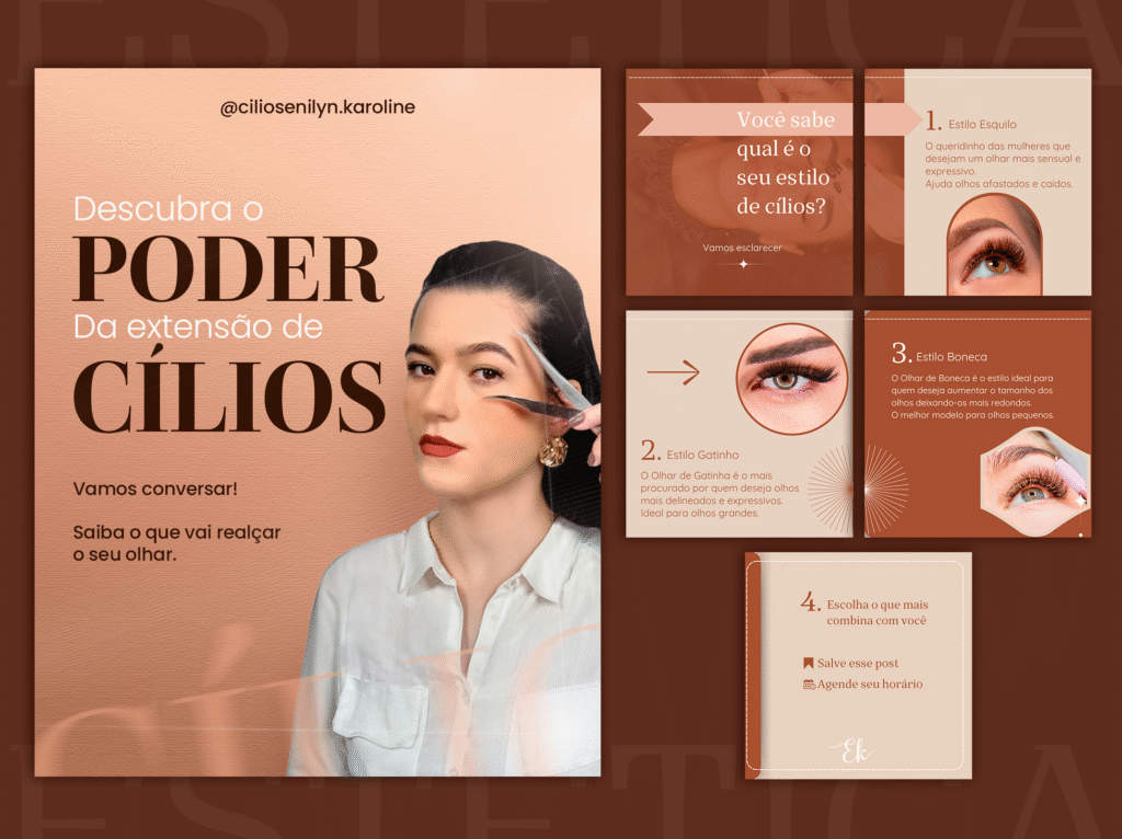 Post carrossel em tons de nude e terrosos explicando "O Poder da Extensão de Cílios", detalhando estilos como Gatinho e Boneca com fotos de alta qualidade.