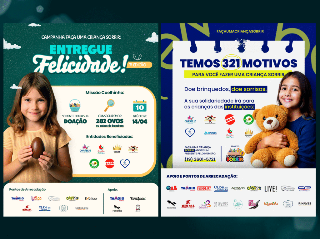 Banner informativo para campanha de arrecadação de brinquedos, destacando o número "321 motivos" e fotos de crianças felizes, com logotipos dos patrocinadores organizados no rodapé.
