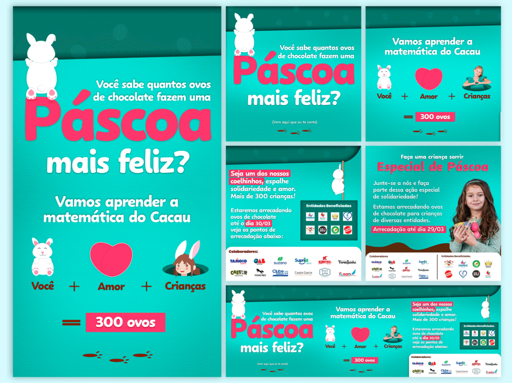 Sequência de posts para Instagram em verde turquesa e rosa neon com tema de Páscoa, utilizando gamificação ("Matemática do Cacau") para incentivar a doação de ovos de chocolate para crianças carentes.