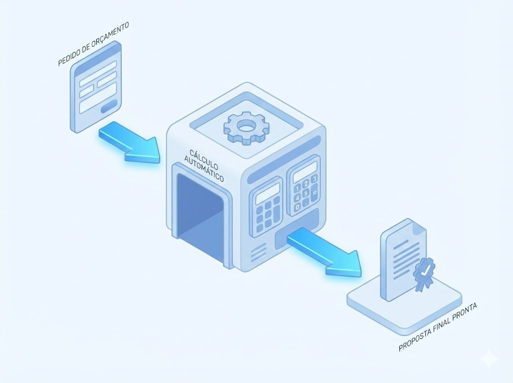 Ilustração 3D isométrica de um sistema gerador de propostas automático. Um documento de 'Pedido de Orçamento' entra em uma máquina calculadora central e é transformado instantaneamente em um documento de 'Proposta Final' pronto para envio.