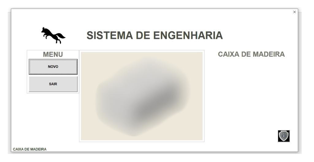 Interface minimalista de software de engenharia exibindo uma renderização visual de uma caixa de madeira, com menu de opções para novos projetos.
