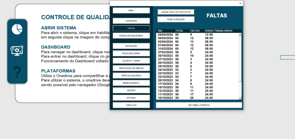 Interface de software industrial para controle de qualidade, exibindo menu com opções de maturação, produção diária e checklist, além de tabela detalhando ocorrências e horas de produção.
