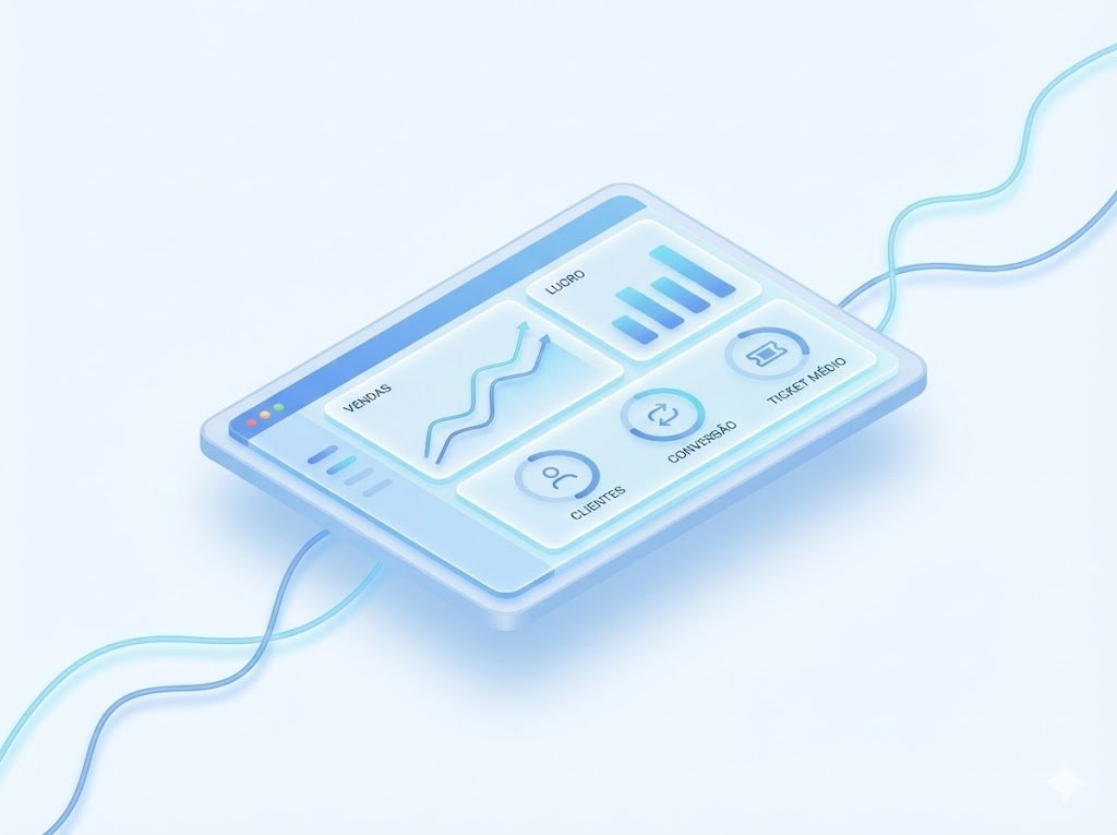 Ilustração 3D isométrica de um tablet exibindo um painel de controle (dashboard) de negócios. A tela azul brilhante mostra um gráfico de linhas para 'Vendas', um gráfico de barras para 'Lucro', e três indicadores circulares para 'Clientes', 'Conversão' e 'Ticket Médio'.