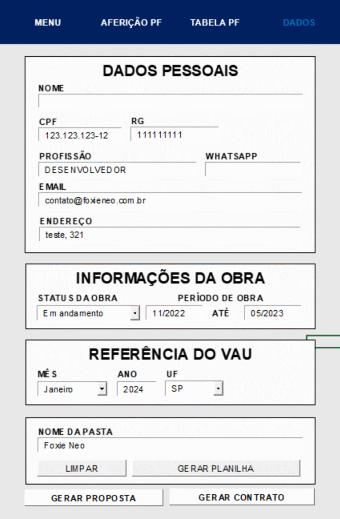Formulário de cadastro de cliente e obra, com campos para CPF, endereço e referência VAU, e botões para gerar proposta e contrato automaticamente.