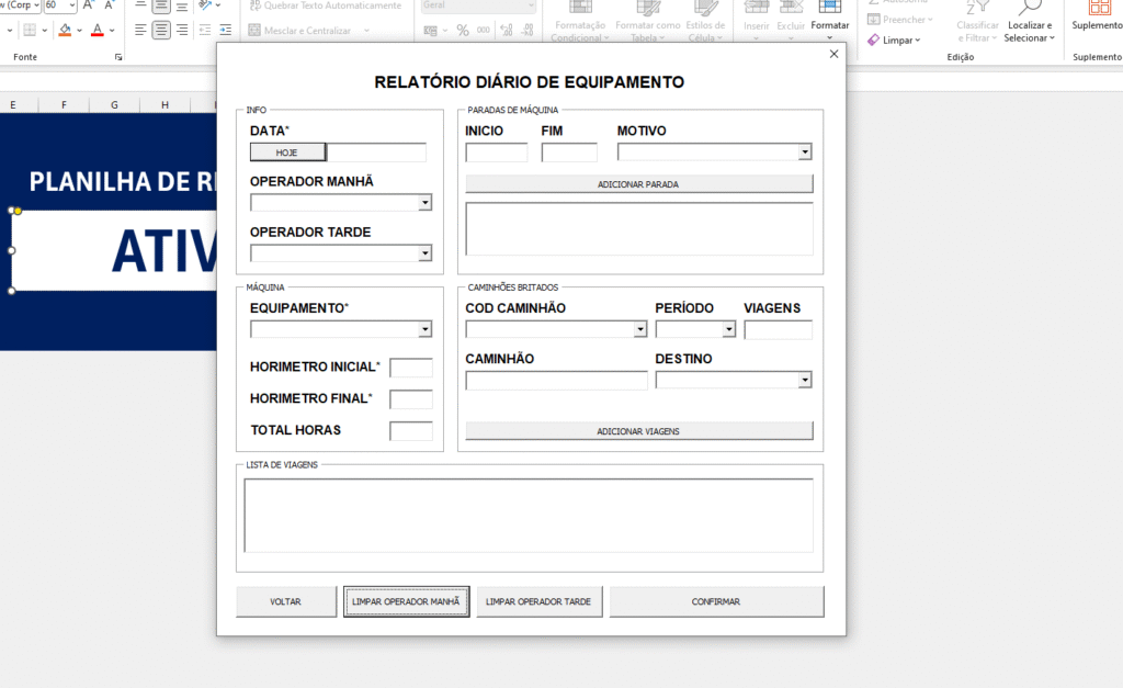 Formulário pop-up para lançamento de diário de equipamentos, registrando horímetro inicial/final, paradas de máquina, operador responsável e viagens de caminhões.
