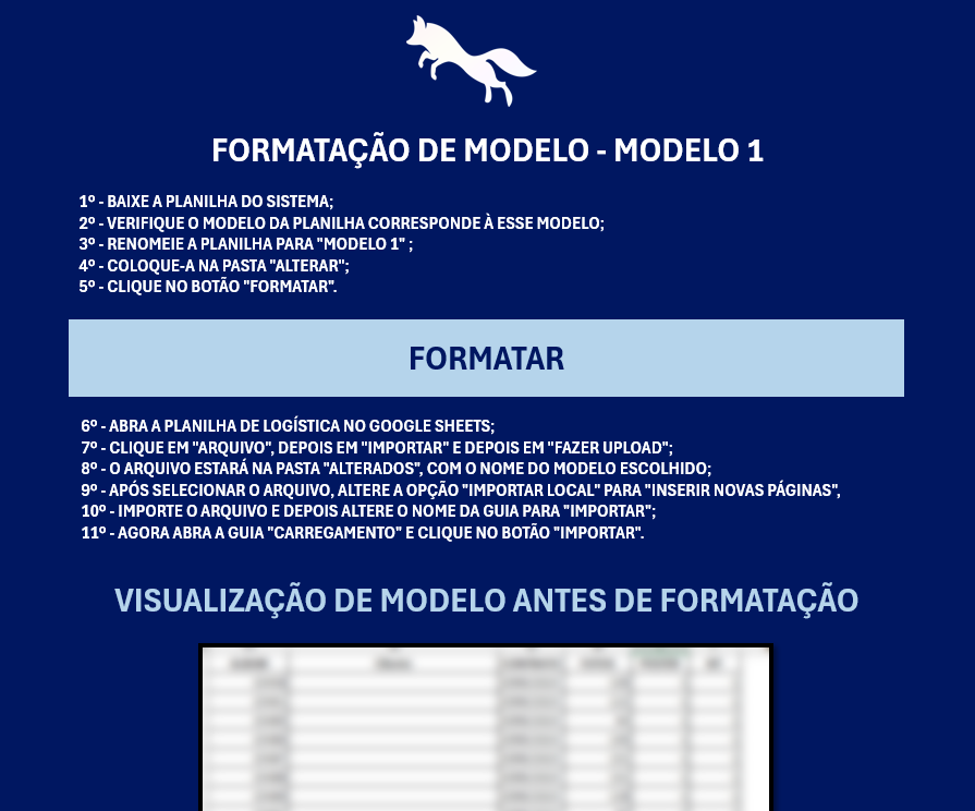Tela azul com instruções passo a passo para formatação automática de planilhas, integrando Excel com Google Sheets para limpeza de dados de logística.