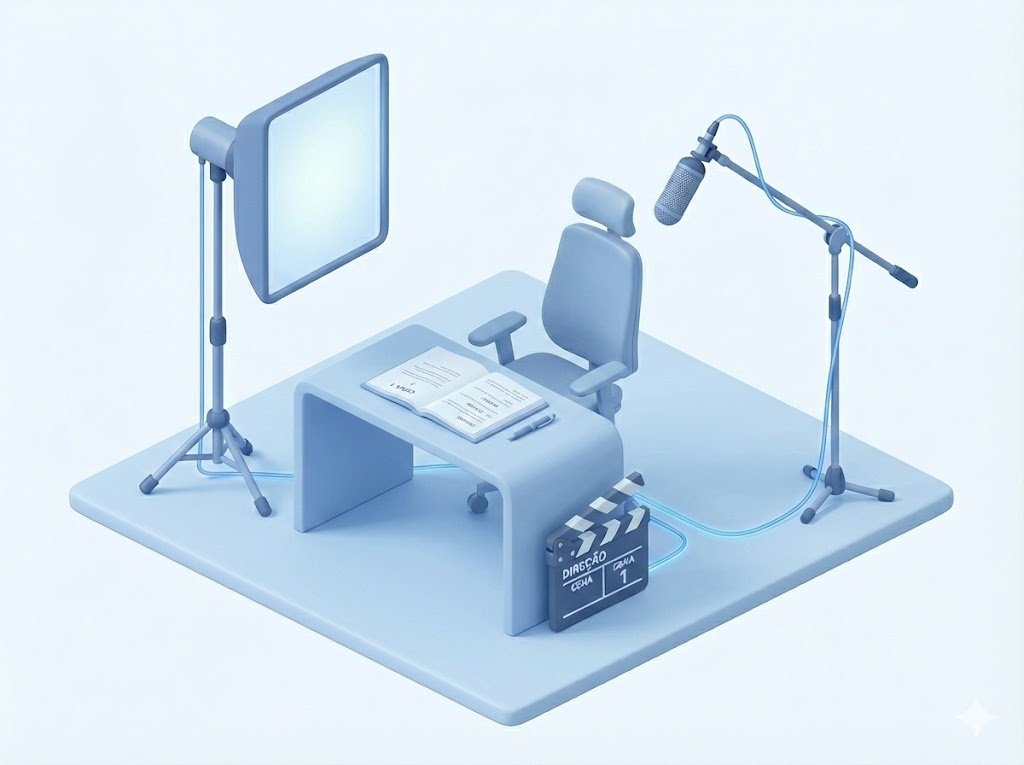 Ilustração 3D isométrica de um set de direção de vídeo. A cena exibe uma cadeira de escritório moderna atrás de uma mesa com um roteiro de papel, cercada por equipamentos profissionais de estúdio: um softbox de iluminação e um microfone de lapela/boom, simbolizando a estruturação de conteúdo.