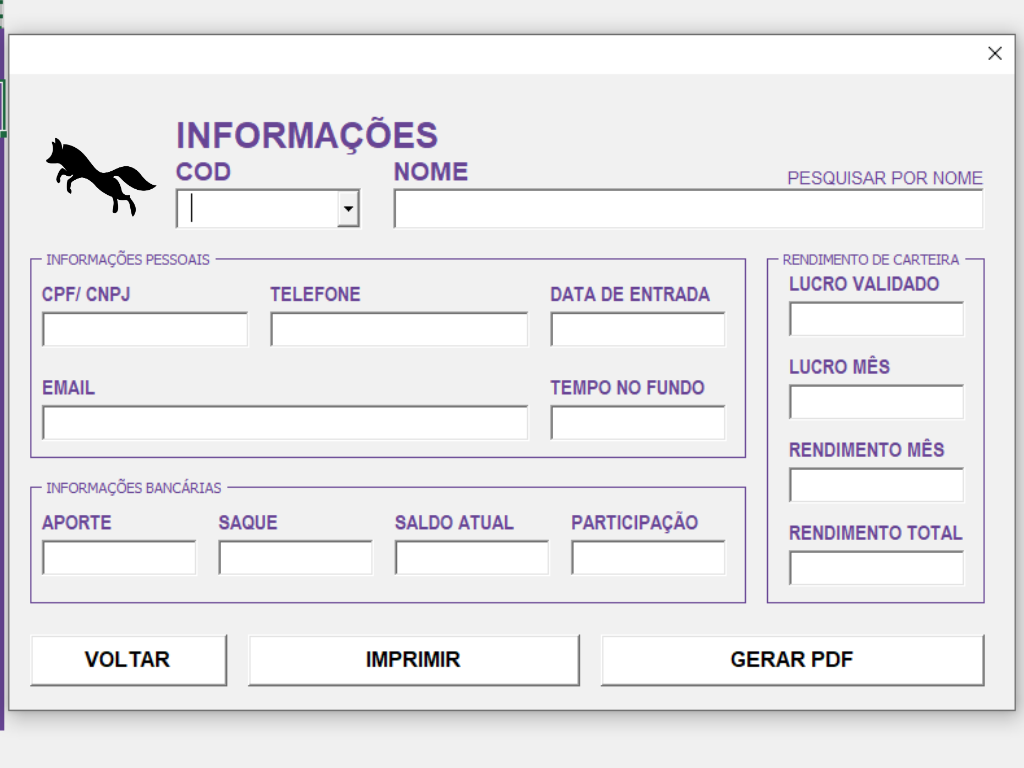 Painel de perfil do investidor exibindo dados cadastrais, aportes, saques, saldo atual e métricas de rendimento de carteira (Lucro Validado e Lucro Mês).