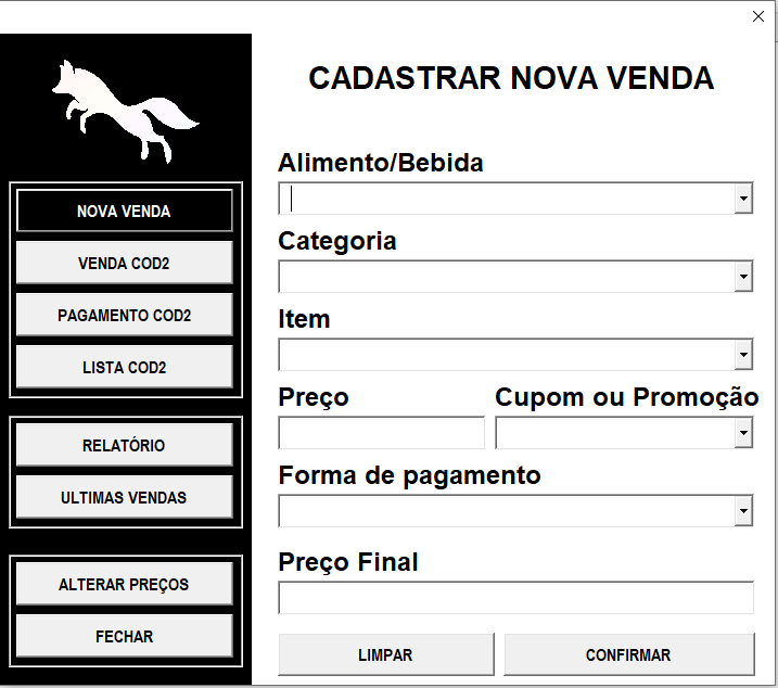 Interface de usuário (Userform) para registro de vendas, com campos para seleção de alimentos, bebidas, aplicação de cupons promocionais e cálculo automático de preço final.