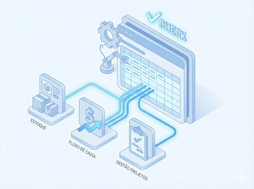 Ilustração 3D isométrica de Planilhas Personalizadas em Excel. Uma interface central sob medida conecta módulos específicos de Estoque, Fluxo de Caixa e Gestão de Projetos, demonstrando um sistema de gestão adaptado à empresa.