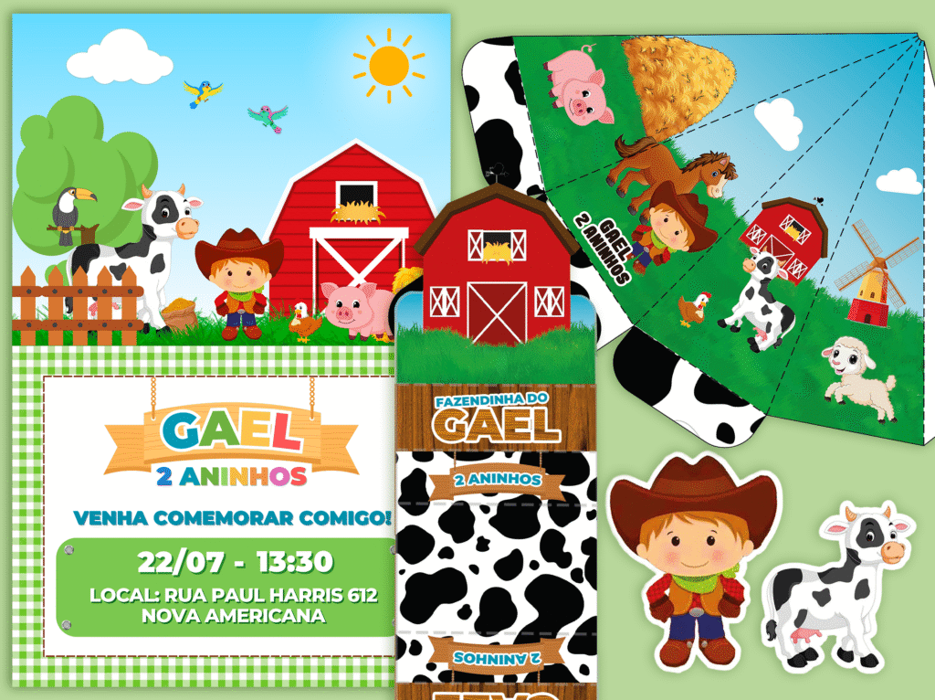 Conjunto de artes para festa infantil incluindo convite digital, topo de bolo e caixas cone com ilustrações vetoriais de animais da fazenda e vaquinha.