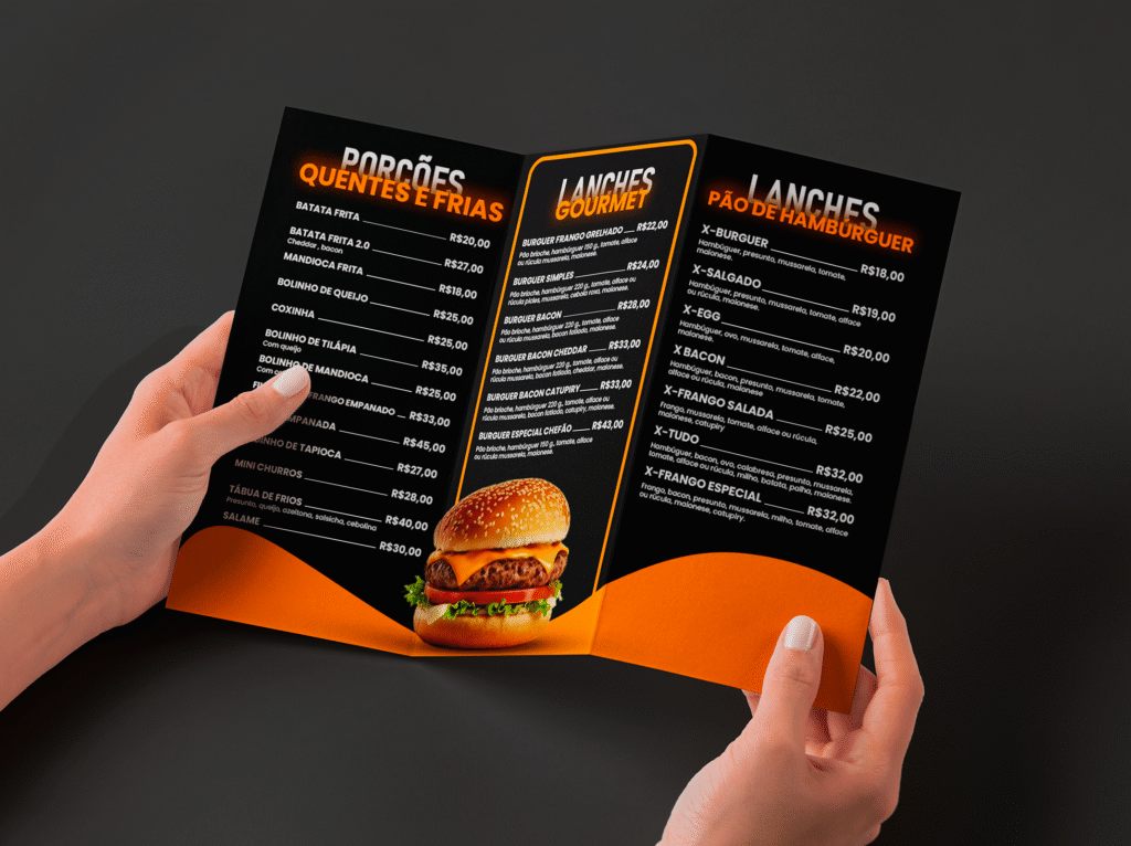 Cardápio dobrável (folder) com fundo preto e tipografia neon laranja, exibindo fotos de hambúrgueres e lista de preços estrategicamente organizada.