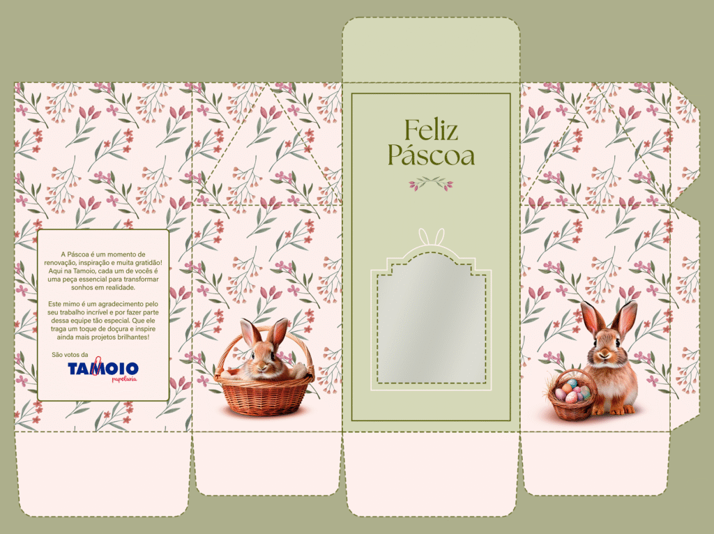 Template (faca de corte) de caixa para bombons com estampa floral delicada e coelho realista, criada para Tamoio Papelaria.