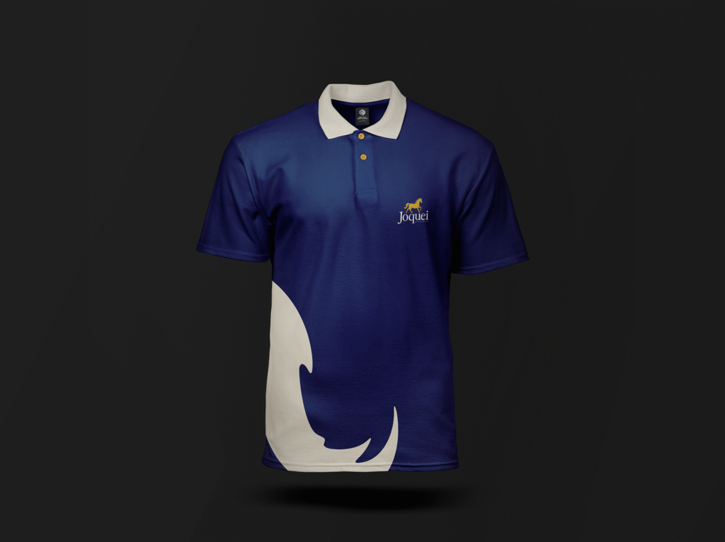 Camisa polo azul marinho com detalhes em bege e logotipo "Jóquei" bordado no peito, apresentada em fundo escuro.