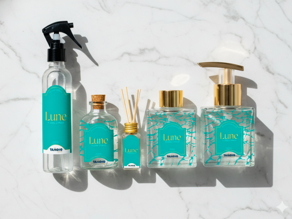 Família de produtos "Lune" alinhada sobre mármore, incluindo difusores, sabonetes e sprays, mostrando a consistência visual da linha.