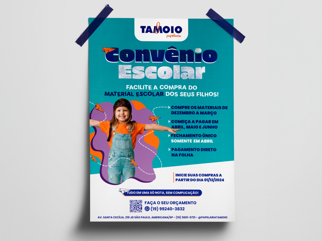 Cartaz vertical azul explicando regras de "Convênio Escolar", com tópicos claros, ícones e foto de criança feliz.