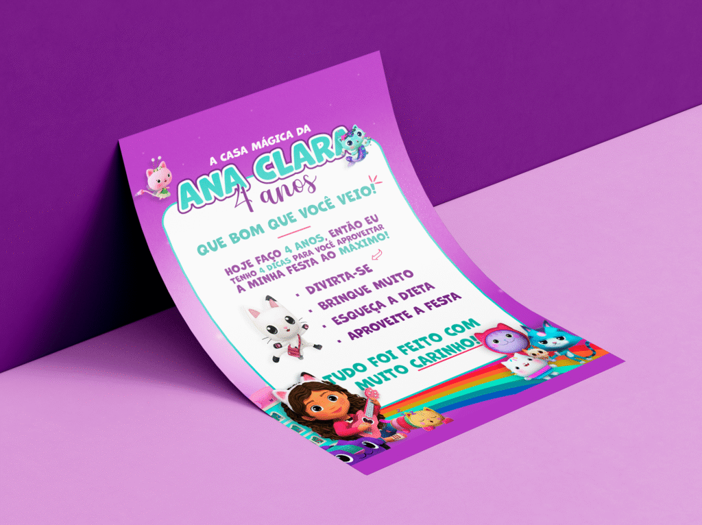 Arte de convite vertical em tons de roxo e rosa neon, com o tema "A Casa Mágica da Gabby", listando dicas divertidas para a festa de 4 anos da Ana Clara.