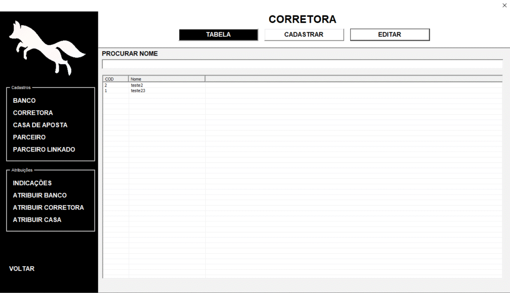 Interface administrativa dark mode para cadastro e gestão de corretores, bancos e parceiros de casas de aposta.
