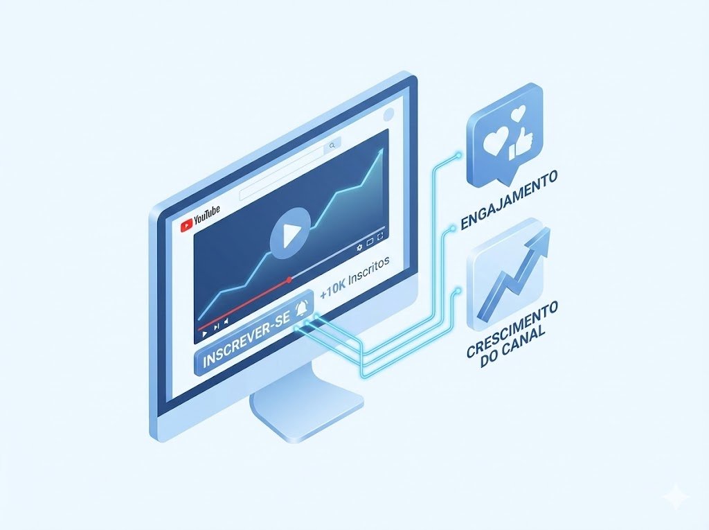 Ilustração 3D isométrica de uma interface de player de vídeo do YouTube. A tela está cercada por gráficos de crescimento de audiência (retenção) e ícones flutuantes de 'Like' e 'Inscrição', simbolizando o sucesso do canal.